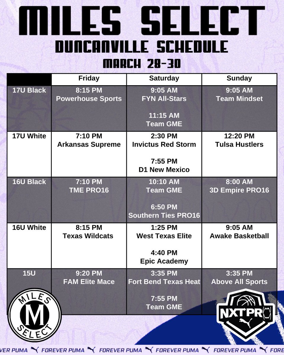 15-17u <a href="/MilesSelect/">Miles Select</a> 
<a href="/NxtProHoops/">NXTPRO Hoops</a> weekend schedule!!
🔥🔥🔥🔥🔥🔥🔥🔥🔥🔥🔥🔥
#Duncanville #PumaHoops #HoustonTX
#Session1 #PumaCircuit🏀