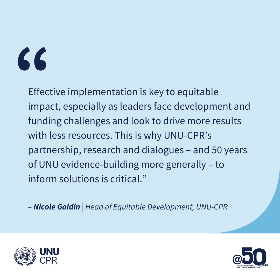 Nicole Goldin, Head of Equitable Development at UNU-CPR, and Rahul Malhotra, Director of the New York Board and External Relations Office of the United Nations Office for Project Services (UNOPS), discussed the importance of implementation in equitable development.

#UNUat50