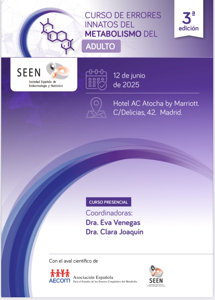 3 Edición del CURSO DE ERRORES
INNATOS DEL
METABOLISMO DEL
ADULTO
<a href="/sociedadSEEN/">Sociedad SEEN</a> <a href="/NutriSeen/">NutriSEEN</a> 

🗓️12 de Junio 
20 plazas 
Coordinan <a href="/VenegasEva/">Eva Venegas</a> <a href="/Clara_joaquin/">Clara Joaquín</a> 
‼️Inscripción antes del 12 de Mayo seen.es/actividades-fo…