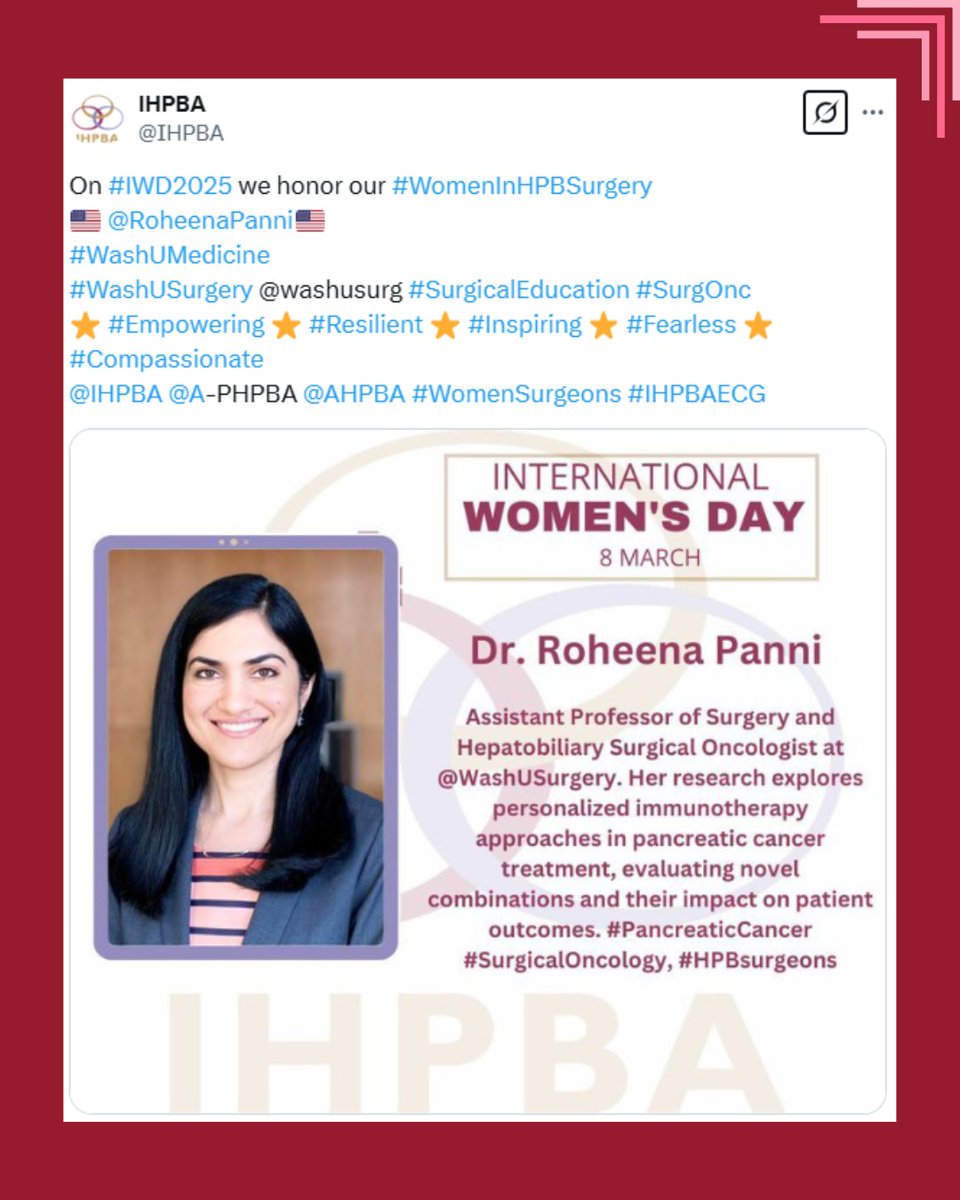 In celebration of Women's History Month, we are thrilled to share that the IHPBA has honored Dr. Roheena Z. Panni for her exceptional contributions to HPB surgery. #WashUMedicine #WashUSurgery <a href="/IHPBA/">IHPBA</a>