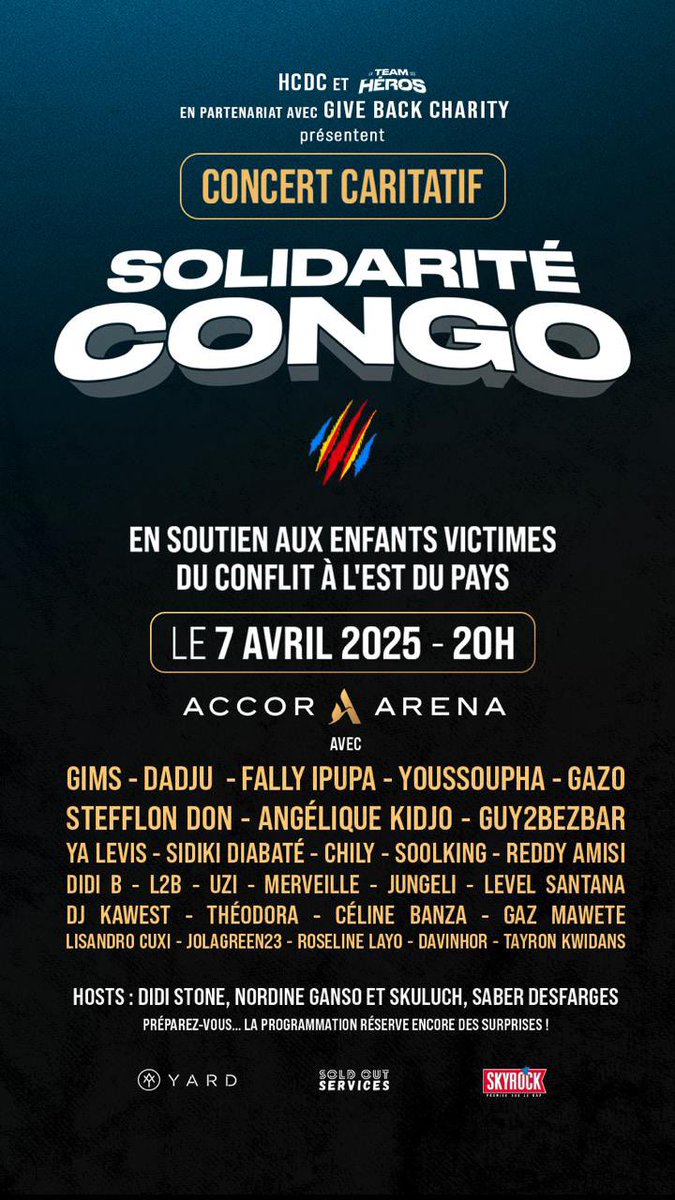 JustMediaFr_'s tweet photo. 🚨 Le concert Solidarité Congo aura bien lieu le 7 avril 2025 à l’Accor Arena ‼️

Avec une programmation qui s’agrandit : Reddy Amisi, Merveille, Jungeli, Gaz Mawete, Davinhor, Tayron Kwidan’s et bien d’autres ! 

📆 RDV LE 7 AVRIL 2025 ! 🇨🇩✊🏾 https://t.co/YSsZOF0AkE