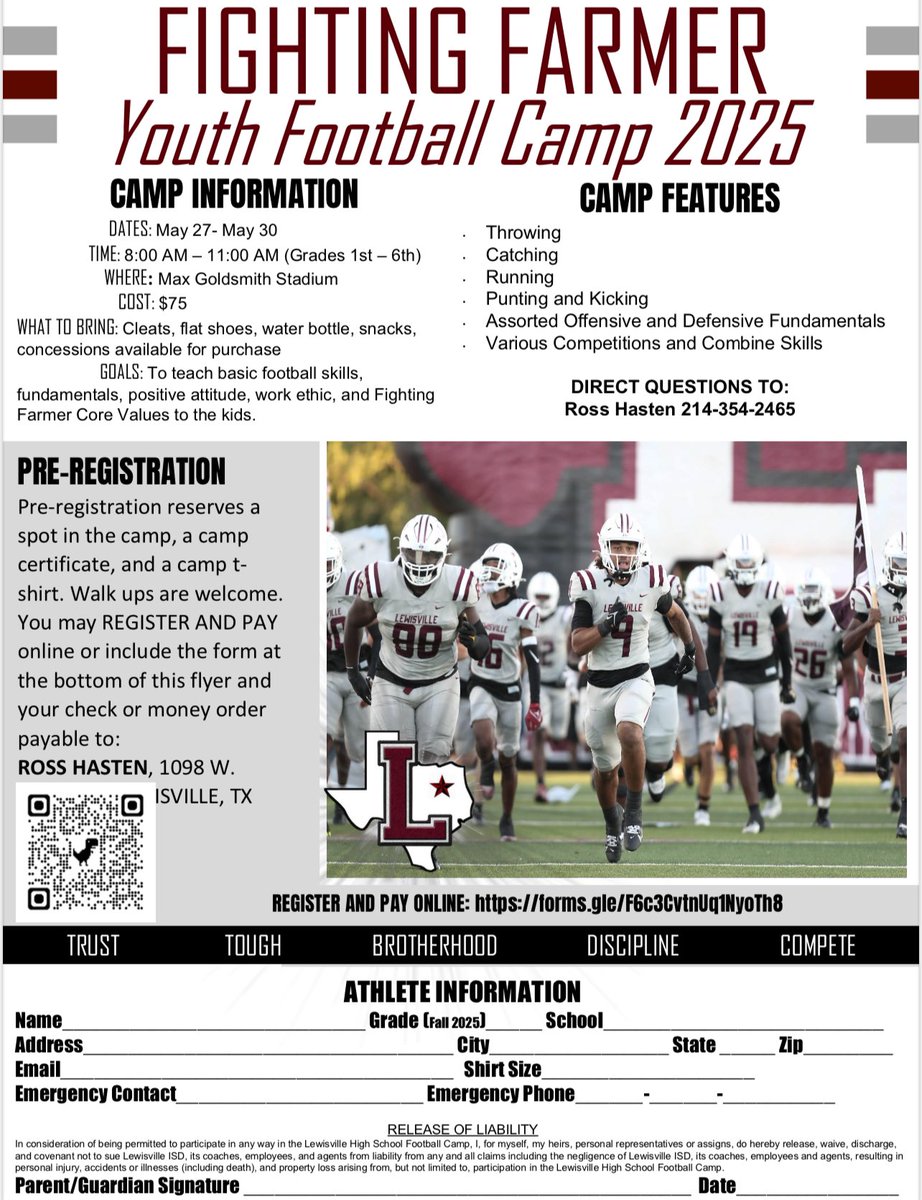 📣 Calling all young athletes!

The Fighting Farmers of Lewisville High School are hosting a Summer Youth Football Camp! 🌟🏈

📅 Dates: May 27-May 30
📍 Location: Max Goldsmith

Join us for top-notch coaching, skill-building, and a whole lot of fun!