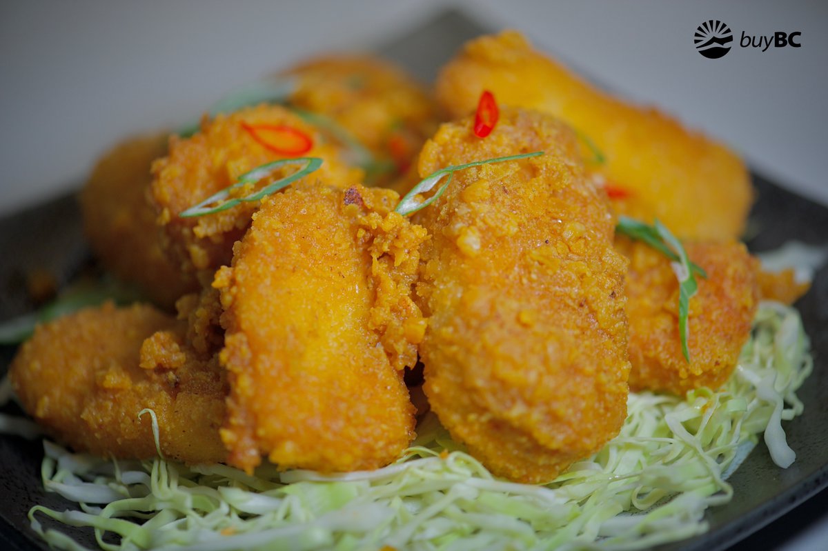 Crispy, buttery, and packed with umami! These Salted Egg Yolk fried wild Pacific halibut nuggets take seafood to the next level. #buybc <a href="/EatDrinkBuyBC/">BuyBC</a>