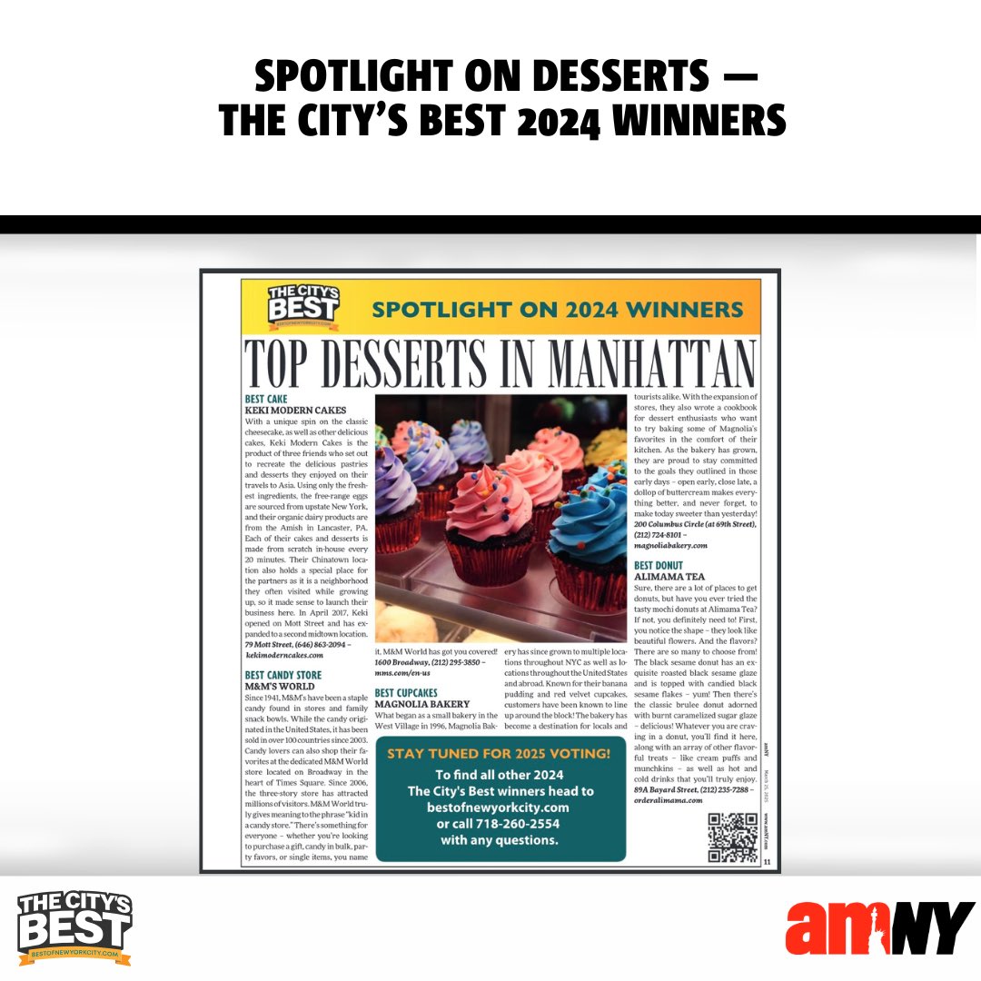 bestofthenyc's tweet photo. @kekinyc @mmschocolate @magnoliabakery 

Read here about some of the Best Desserts, winners of the The City's Best 🏆2024 contest🥮🍫🧁🍩: 

https://t.co/kd5T8cTSth

Stay tuned for The City's Best 2025 voting!

https://t.co/zLW1PBDYFb https://t.co/BPSZsWSuTD