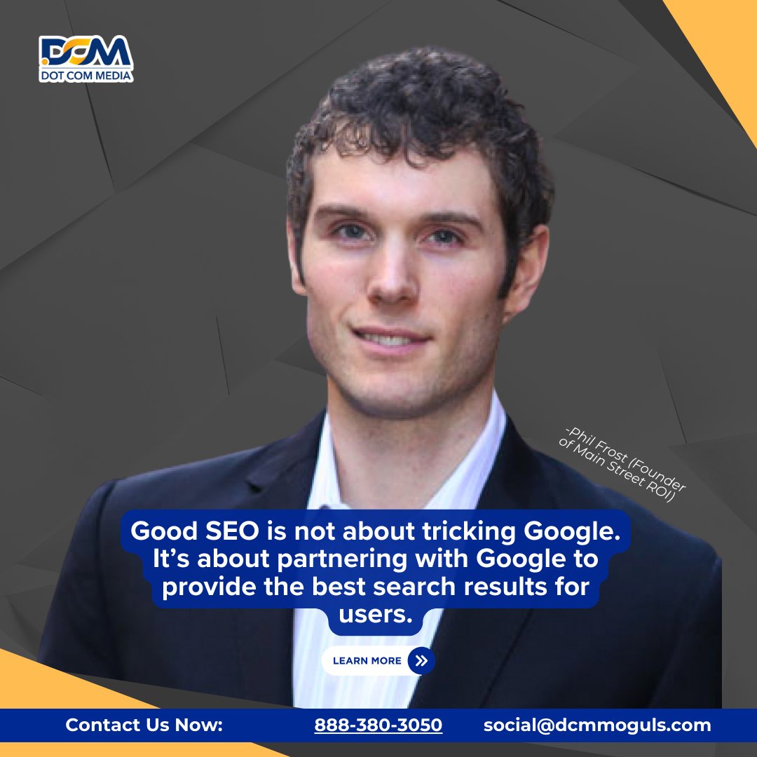 dcmmoguls's tweet image. Good SEO is Strategy, Not Tricks! &quot;It’s about partnering with Google for the best user results.&quot; – Phil Frost ✔️ Want sustainable SEO? Let’s talk! 💡 📩 888-380-3050 | social@dcmmoguls.com #SEOExperts #SEOForBusiness #MarketingSuccess