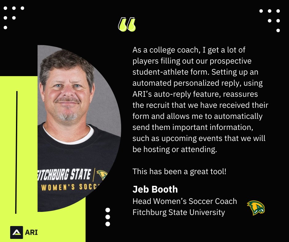 ARI Athletics (@_ariathletics) on Twitter photo Partner Spotlight: Jeb Booth from <a href="/FSU_Falcons/">Fitchburg Falcons</a> Women's Soccer
"My favorite ARI feature is the ability to easily set up auto-reply emails when a questionnaire is submitted!" Partner Spotlight: Jeb Booth from <a href="/FSU_Falcons/">Fitchburg Falcons</a> Women's Soccer
"My favorite ARI feature is the ability to easily set up auto-reply emails when a questionnaire is submitted!"
