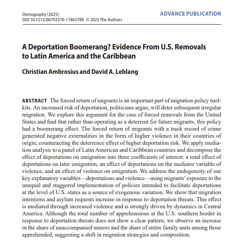 “A Deportation Boomerang?”: C Ambrosius &amp; <a href="/realDLeblang/">David Leblang</a> show how the return of deportees increases violence in origin nations, which leads to ↑ emigration intentions &amp; asylum requests, especially for minors &amp; families. <a href="/FU_Berlin/">Freie Universität</a> <a href="/UVABatten/">UVA Batten School</a> <a href="/Miller_Center/">Miller Center</a> ow.ly/4Pgy50Vp8Gk