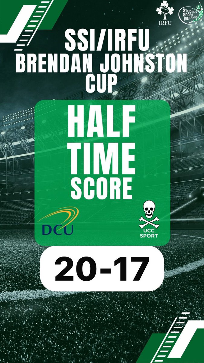 Student Sport Ireland (@studentsportirl) on Twitter photo Half time score in the Brendan Johnston Cup Final <a href="/DCU/">Dublin City University</a> 20 <a href="/UCCSport/">UCC Sport</a> 17 #SSIRugbyFinals25 Half time score in the Brendan Johnston Cup Final <a href="/DCU/">Dublin City University</a> 20 <a href="/UCCSport/">UCC Sport</a> 17 #SSIRugbyFinals25