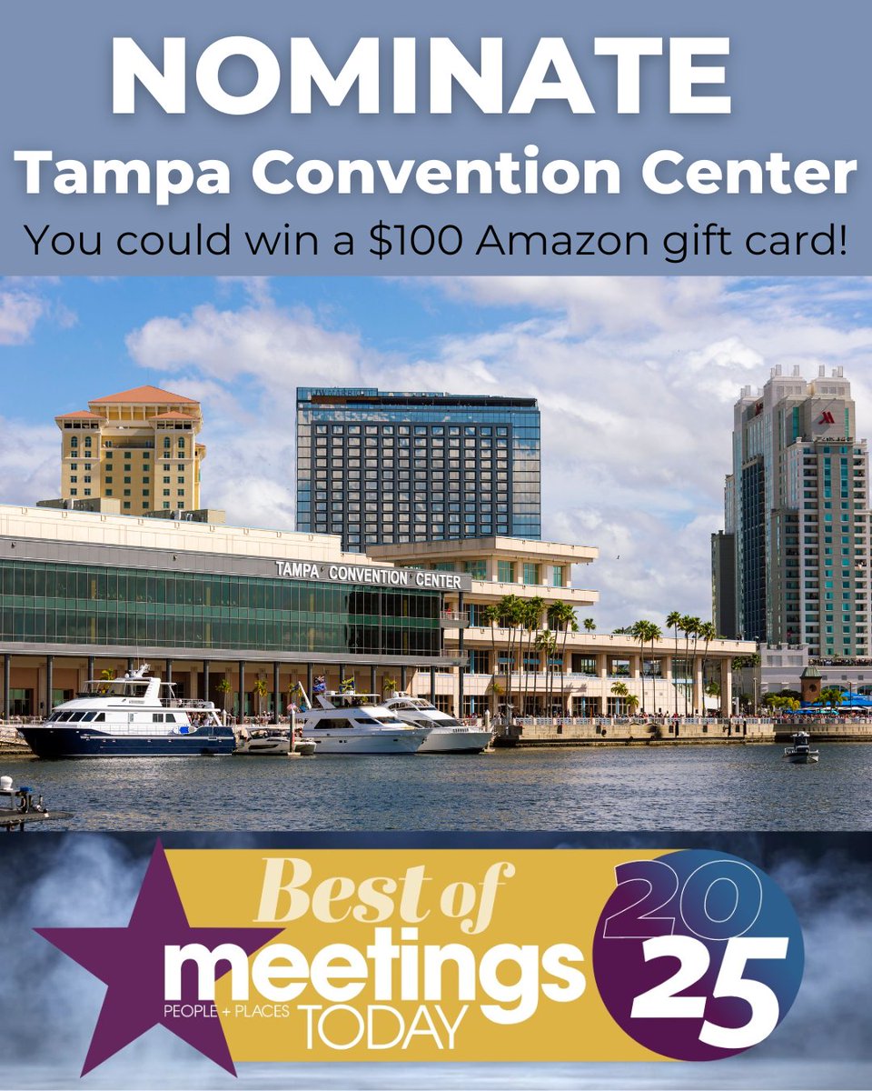 TheTampaCC's tweet image. Nominate us for Best Convention Center in the @meetingstoday Best Of Awards! You’ll be entered for a chance to win a $100 Amazon gift card.

👉 Submit nominations here: meetingstoday.com/best-of-nomina…

#MeetingProfs #MeetingPlanners #MeetingsIndustry #BestOfAwards #MeetingsAndEvents