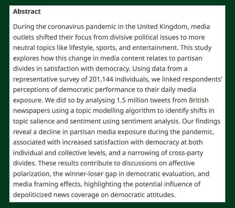 British Jnl Poli Sci (@bjpols) on Twitter photo NEW -
News Cycles and Satisfaction With Democracy: How the Pandemic Short-Circuited Media Polarization - cup.org/41LULdq
- @OmarHGallego, Roberto S. Foa (<a href="/Dept_of_POLIS/">Politics and International Studies Cambridge</a>) & <a href="/xaviromero/">Xavi Romero Vidal</a>
#OpenAccess NEW -
News Cycles and Satisfaction With Democracy: How the Pandemic Short-Circuited Media Polarization - cup.org/41LULdq
- @OmarHGallego, Roberto S. Foa (<a href="/Dept_of_POLIS/">Politics and International Studies Cambridge</a>) & <a href="/xaviromero/">Xavi Romero Vidal</a>
#OpenAccess