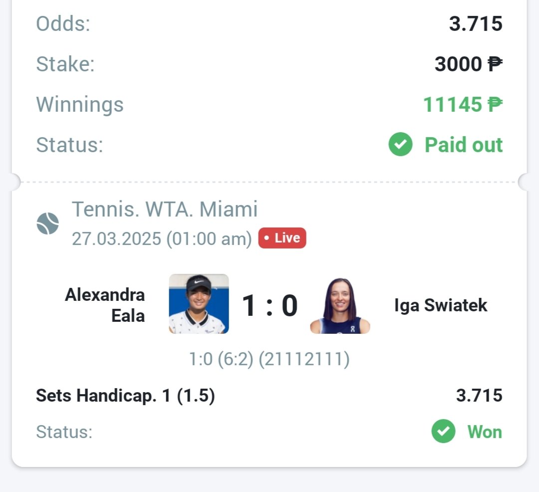 mudvox's tweet image. ALEX EALA +1.5 Sets✅🤑😱

Congrats sa lahat ng pumaldo sa +1.5 sets

Kapit lang sa mga naka Match Winner 😁🔥

Grabe ka talaga Alex palag palag ka din sa World #2 na si IGA SWIATEK 
di nila inexpect na makaka 1 set ka 😂