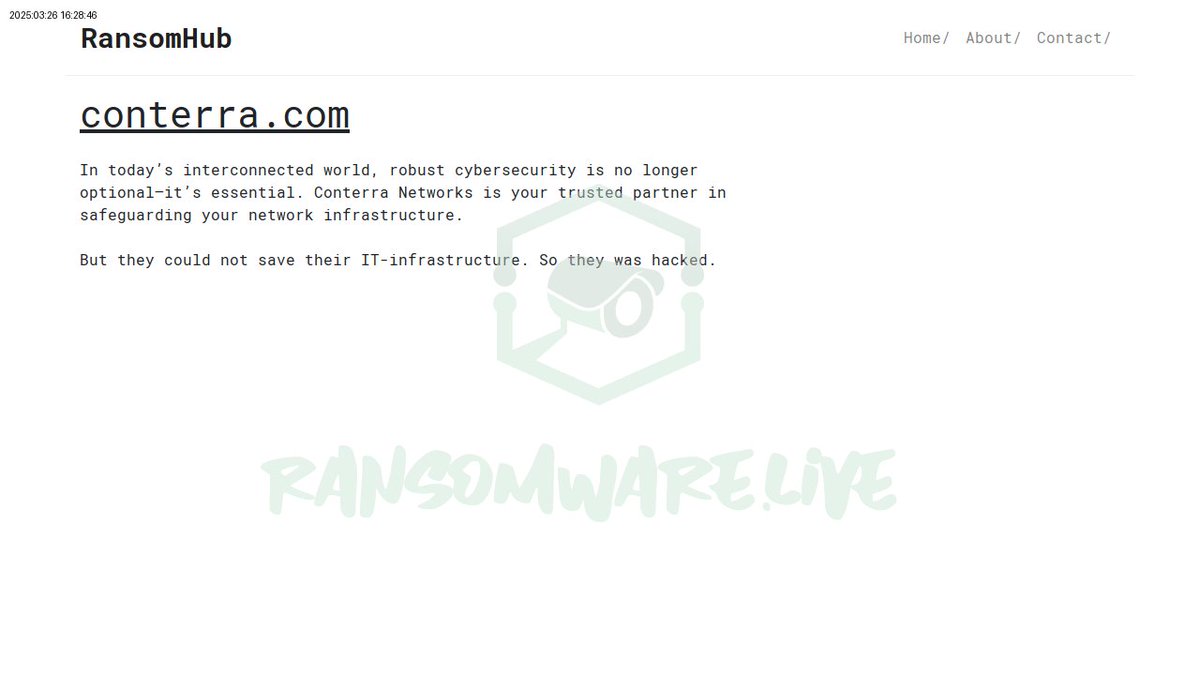 TweetThreatNews's tweet image. 🚨 Conterra.com, a German geospatial data management firm, has fallen victim to a ransomware attack by ransomhub. Impacts may affect transport and public safety sectors. #Germany #Ransomware #GeospatialTech 

link: ift.tt/l2J5XzN