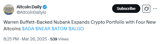 Sssebi's tweet photo. 🚨BREAKING

Warren Buffett-Backed Nubank expands crypto portfolio with $ADA and other altcoins. https://t.co/KCnWYxJPMJ