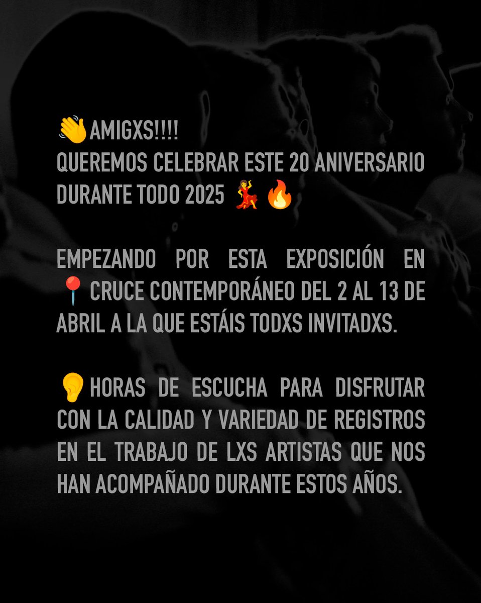 IN-SONORA celebra 20 AÑOS👋👋¡Estáis todxs invitadxs! 👋👋inauguración el 2 de abril a las 19.30h. en Cruce, Madrid.
Con artistas en directo.
🎧 Josephine’ Soundscapes
+
👂Orejas Borradoras
Exposición hasta el 13.04, con programa de escuchas y eventos
in-sonora.org