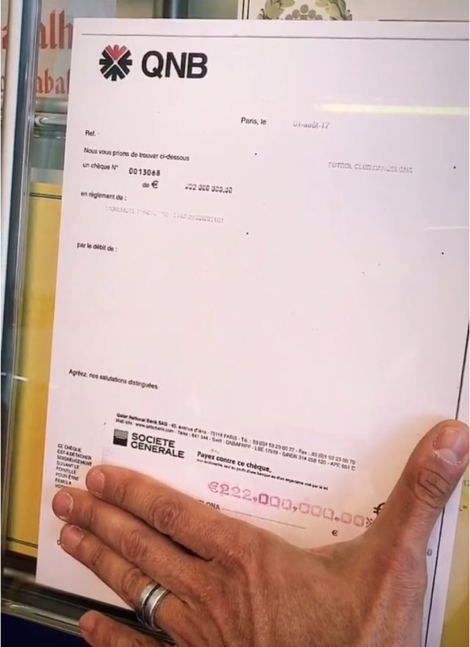 MegaPSG_'s tweet photo. 🔴🔵 Wagner Ribeiro ancien agent de Neymar :🇧🇷

« C'est un chèque inoubliable. On l'a même pris en photo : 222 M€ ! De la banque du Qatar ! 🧾

Et c'était écrit en arabe. Je ne comprenais pas tout mais, la somme, je ne pourrai jamais oublier. C'était presque irréel... » https://t.co/g3zT2ytBeh