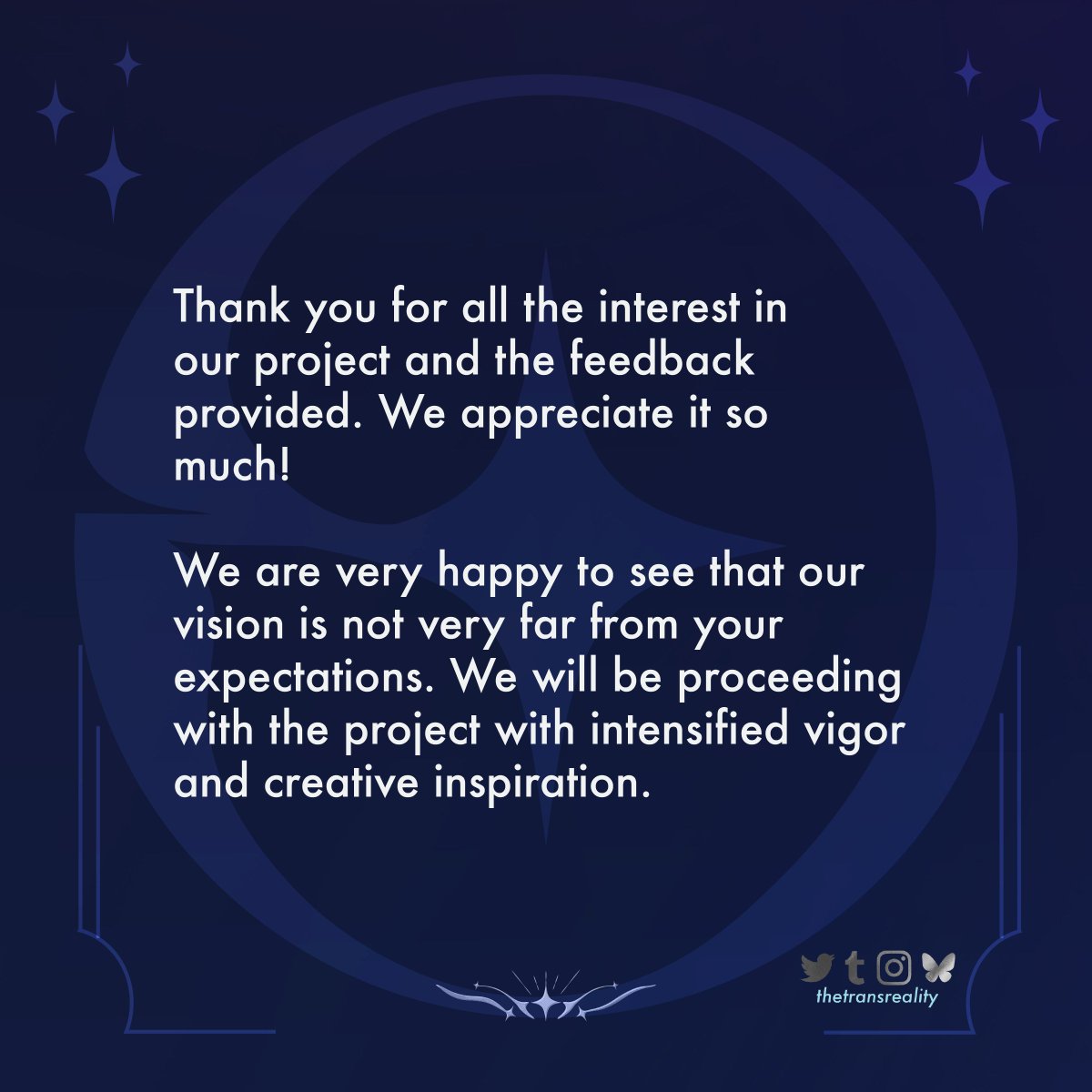 thetransreality's tweet image. 📨 QUESTIONS &amp;amp; ANSWERS 📨

Greetings Galactic Wanderers! 🌟

✨A final few Q&amp;amp;As after we've processed the Interest Check results
✨Thank you so much for all your feedback during the Interest Check! We appreciate it very much. While we have been answering some of the biggest 

1/2