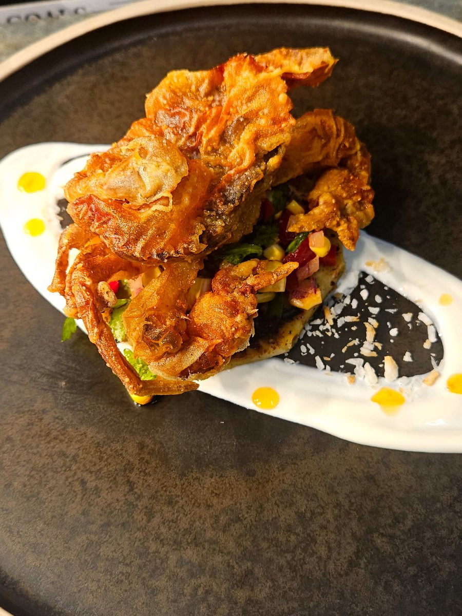 New starter! Soft Shell Crab with Szechuan grilled pineapple, red pepper and corn salsa, coconut creme fraiche and chilli oil. Book via our website thediningroom121.co.uk or give us a call on 01332 613991 #glutenfriendly #SupportLocal #glutenfree #crab #starter #foodie #eat
