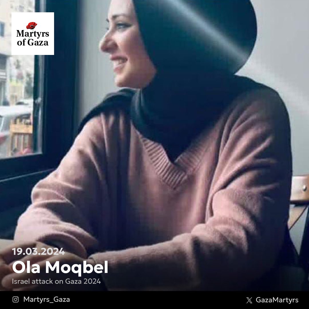 GazaMartyrs's tweet photo. “I had one semester left before graduating, but fate had other plans—I graduated from this world instead.”

My name is Ola Moqbel, a 26-year-old civil engineer from Gaza who, despite excelling in my field, couldn’t find a job, so I pursued a second major to support my family’s business. 

I worked hard, pouring my heart into my studies, always eager to share my achievements with those I loved. 

But on March 19, 2024, the Israeli occupation stole my future—I was martyred before I could wear my graduation cap, before I could fulfill my dreams.