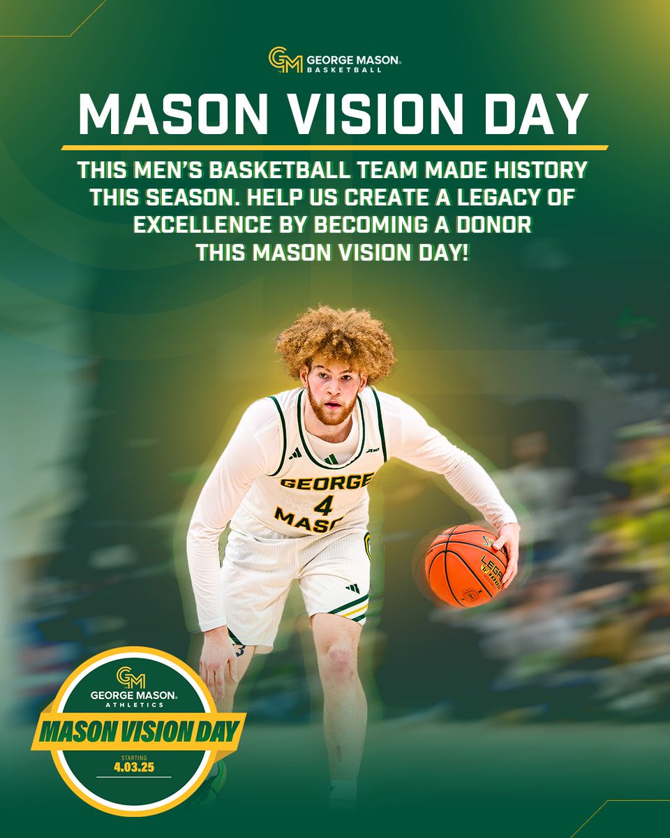 🗓️ Mark Your Calendars 🗓️

Mason Vision Day is April 3!

Consider making a gift to the Basketball Greatness Fund to help support our program.

More info: bit.ly/3Y1vARG

#PatriotPressure