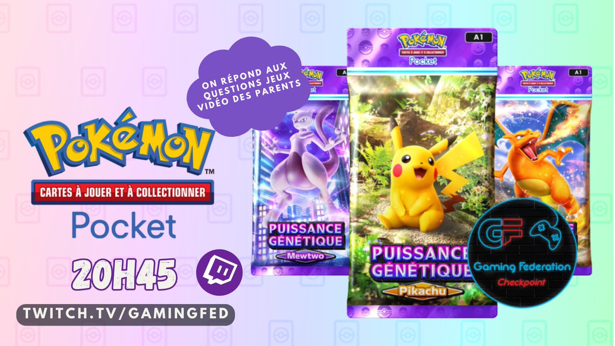 A 20h45, #Checkpoint répond aux questions des parents. <a href="/ThomasViatte/">Tomarchi</a> &amp; <a href="/niels_weber/">Niels Weber</a> se penchent sur #PokemonTCGPocket. Sous ses airs tout mimi, il y a pas mal à scruter, surtout dans son modèle économique. 
A tout à l'heure! twitch.tv/gamingfed
Infos: gamingfederation.ch/checkpoint-lem…