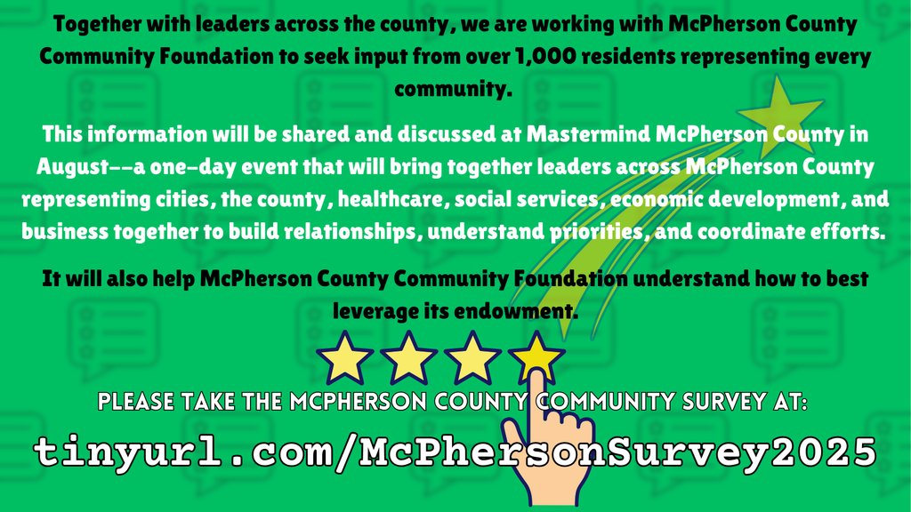 The 2025 community survey for Mastermind McPherson County is now live, and they need your insight!

Please take a few minutes to complete the survey at: tinyurl.com/McPhersonSurve…