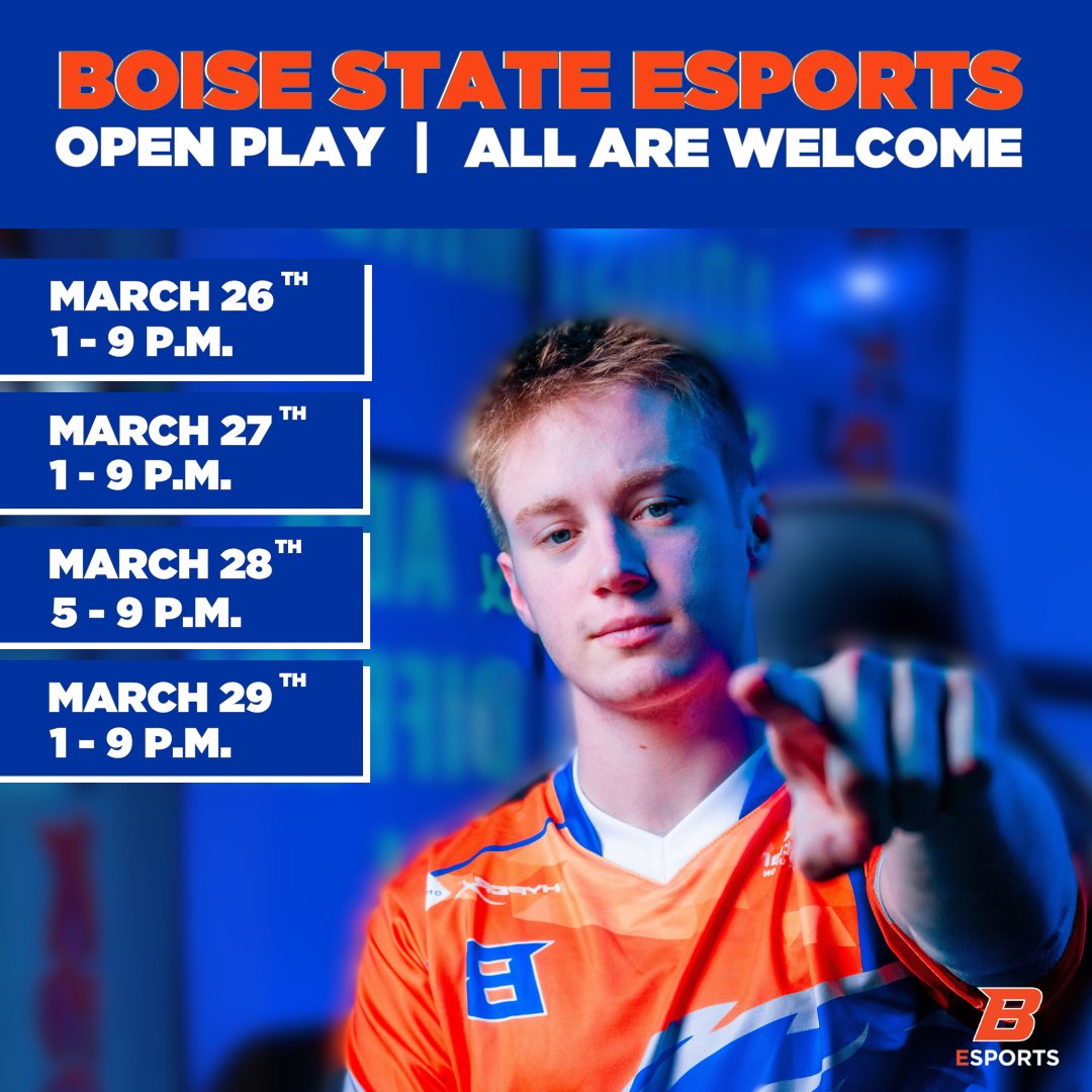 BoiseStEsports's tweet image. Boise State Esports Open Play @hackfortfest . Join us for an epic gaming experience during Hackfort! From March 26th, 27th, and 29th the Boise State Esports Arena will be hosting Open Play sessions from 1 PM to 9 PM. See you soon!

@treefortfest #Hackfort  #Hackfort2025