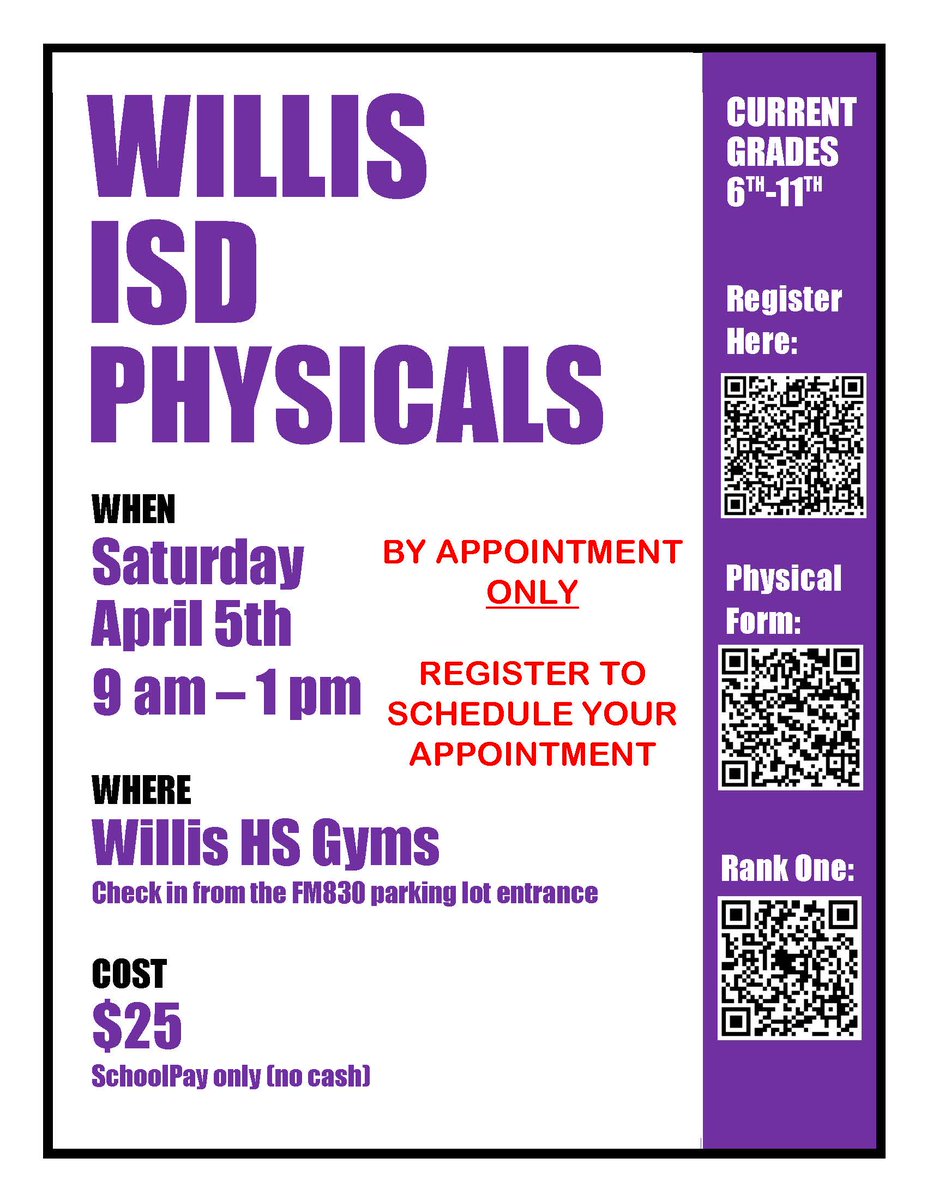 🚨WILLIS ISD PHYSICALS🚨

Physicals are BY APPOINTMENT ONLY. Use the link below to register and secure your spot!

-Register: tinyurl.com/ye25efmu

-Rank One: tinyurl.com/bdzdrbpz
-Med History: tinyurl.com/3z2r24d4
-HM Consent: tinyurl.com/38hm9c7x