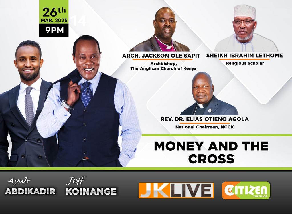 KoinangeJeff's tweet photo. If it's Wednesday you know it's #JKLIVE @citizentvkenya from 9pm....Taaaanite, it's all about Church and Polotics with ACK Archbishop Jackson Ole Sapit, NCCK National Chairperson Rev Dr Elias Otieno Agola and Muslim Scholar Sheikh Ibrahim Lethome.....join the conversation and Spread THE WORD! @AyubAbdikadir @monicakiragu_ @xtiandela