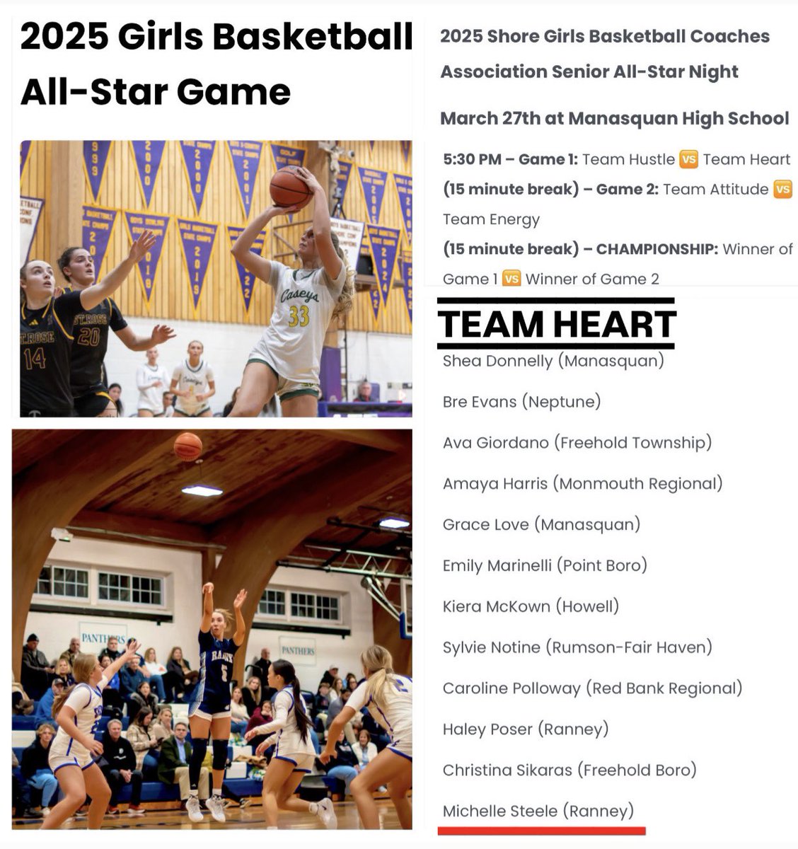 Michelle Steele (@msteele_usa) on Twitter photo Honored to be chosen for the 2025 Shore Girls Basketball Coaches Association Senior All-Star Game. Go Team Heart! 💙
<a href="/RanneyAthletics/">Ranney Athletics</a> <a href="/katelyn_linney/">Katelyn Linney</a> <a href="/ShoreshotsGirls/">NJ Shoreshots Girls- HGSL</a> <a href="/JeffersonRams/">Jefferson Rams 🐏</a> <a href="/coachtomshirley/">Coach Tom Shirley Jefferson Basketball</a> <a href="/MattBamford/">Matt Bamford</a> Honored to be chosen for the 2025 Shore Girls Basketball Coaches Association Senior All-Star Game. Go Team Heart! 💙
<a href="/RanneyAthletics/">Ranney Athletics</a> <a href="/katelyn_linney/">Katelyn Linney</a> <a href="/ShoreshotsGirls/">NJ Shoreshots Girls- HGSL</a> <a href="/JeffersonRams/">Jefferson Rams 🐏</a> <a href="/coachtomshirley/">Coach Tom Shirley Jefferson Basketball</a> <a href="/MattBamford/">Matt Bamford</a>