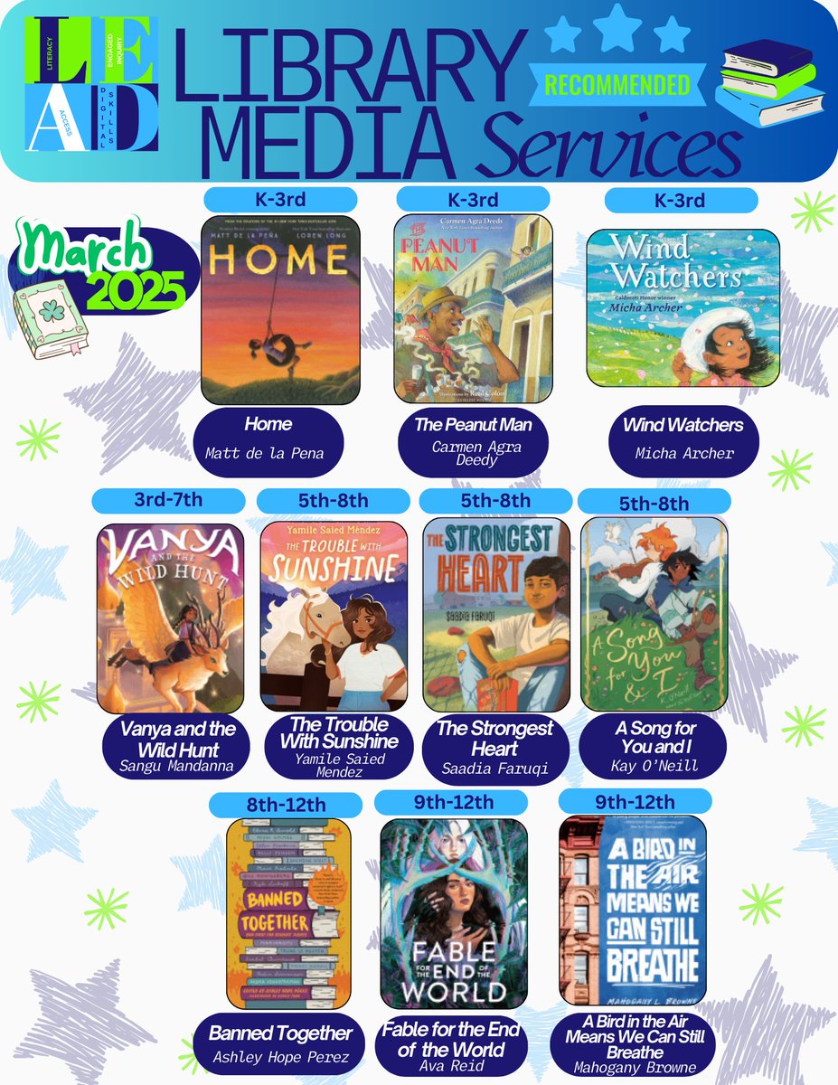 JCPS Library Media Services Department (@jcps_lms) on Twitter photo Turn the page to something new! Browse March's book recommendations. bit.ly/3CJoGt5 #JCPSLibraries #LibrariansLeadingTheWay #EveryChildAReader #Literacy #BooksUniteUs #LetFreedomRead #ReadersAreLeaders #RepresentationMatters #BookRecommendations
<a href="/JCPSLMSDrLynn/">JCPSLMSDr.Lynn</a> Turn the page to something new! Browse March's book recommendations. bit.ly/3CJoGt5 #JCPSLibraries #LibrariansLeadingTheWay #EveryChildAReader #Literacy #BooksUniteUs #LetFreedomRead #ReadersAreLeaders #RepresentationMatters #BookRecommendations
<a href="/JCPSLMSDrLynn/">JCPSLMSDr.Lynn</a>