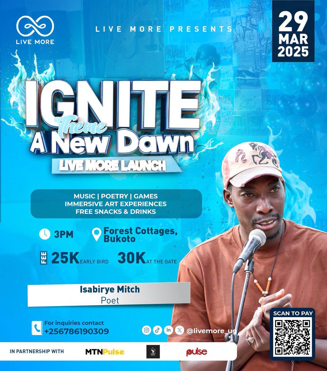 Pulsers, this SATO at 3PM, we will be <a href="/LIVEMORE_UG/">LIVE MORE</a>’s launch event at Forest Cottages. #MentalHealthMatters • #MTNPulse 

Don’t miss dope performances from <a href="/iamkabera/">Kabera</a>, Lilly Lou &amp; <a href="/mitch_isabirye/">Kasokosoz Finest</a>.

Early bird 25K and 30K at the door.
For tickets, click: linktr.ee/Livemoreug