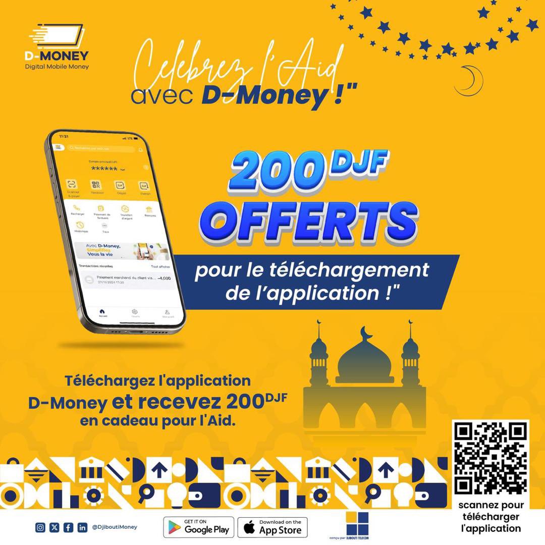 🚀 Inscrivez-vous sur D-Money et recevez 200F OFFERTS ! 🎉💰

✅ Nouveaux inscrits = 200F de cadeau immédiat 🎁
🚨 Offre valable uniquement pour les nouvelles inscriptions !
Ne manquez pas cette occasion, rejoignez-nous dès maintenant ! 📲
🔗 d-money.dj/download/