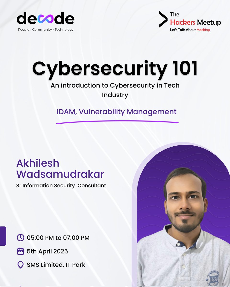 CommunityDecode's tweet image. 🔐 Cybersecurity 101 – Strengthen Your Digital Defense!
📅 Date: 5th April 2025
⏰ Time: 5:00 PM – 7:00 PM
📍 Venue: SMS Limited, IT Park
💰 Fee: ₹50 (Refreshments & Digital Certificate)
🔗 Register Now: infivent.app.link/decode-event
#CyberSecurity #TechEvents #cybersecuritytips