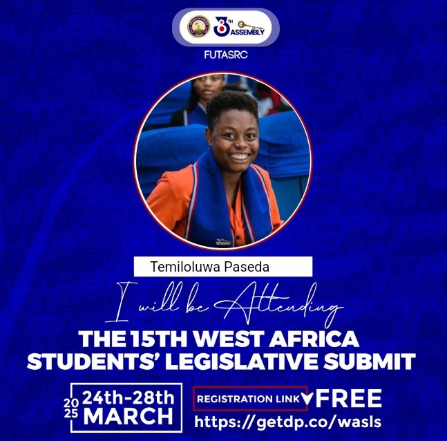 T3m1l0luwa's tweet photo. I'm excited to attend the 15th West Africa Students’ Legislative Summit from March 24th-28th! A great opportunity to learn, network, and shape student governance. Registration is FREE – join me!
#WASLS2025 #Leadership #FUTASRC @FutaBro @futasugovt
@FUTASRC https://t.co/H1iKagqRxY