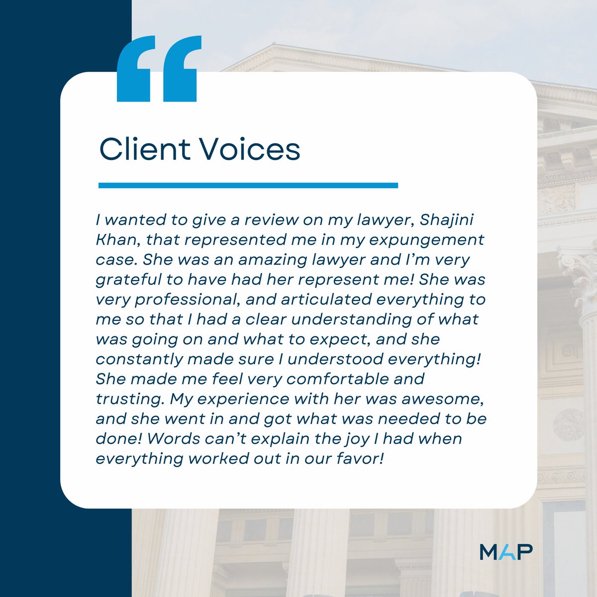 Sharing this testimonial that a client wrote about one of our pro bono attorneys! We are very grateful for their hard work and the impact they make every day.