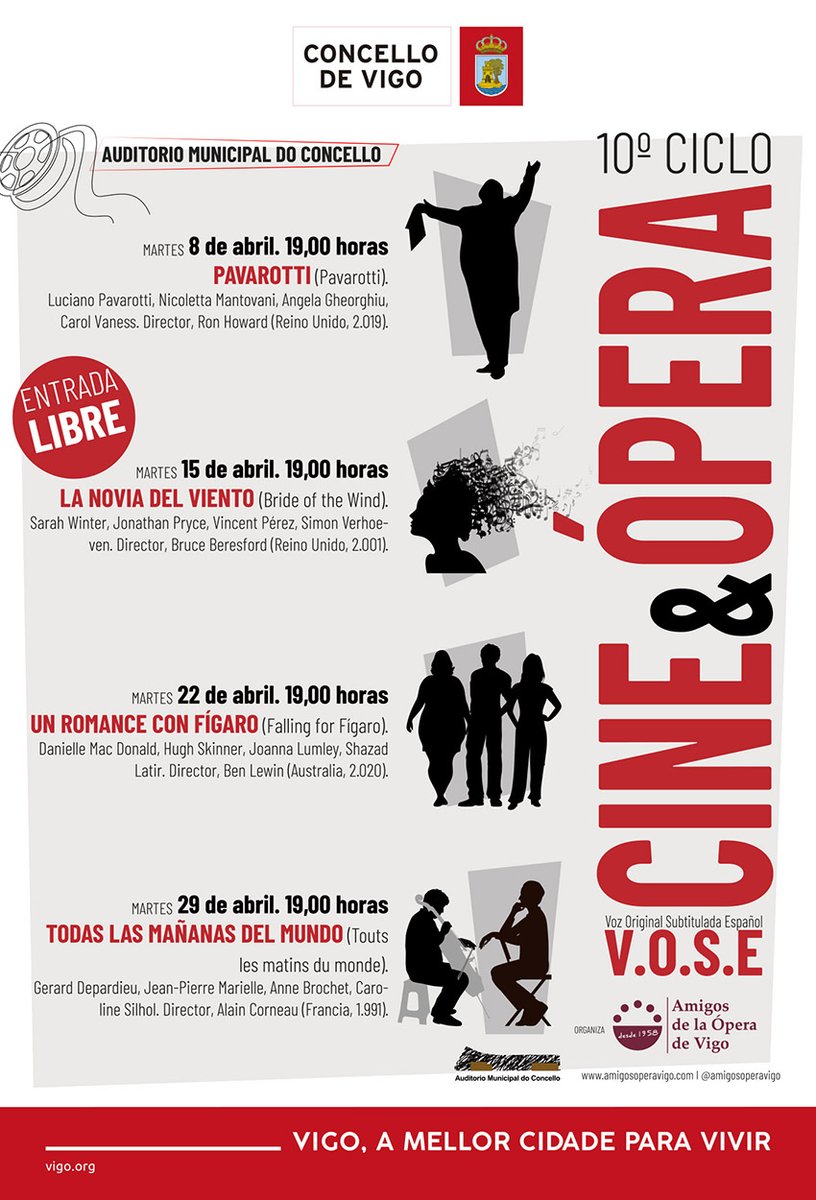¡Os presentamos nuestro 10º NOVENO CICLO DE CINE Y ÓPERA 2.025! 🎥🎵

Dicho ciclo tendrá lugar en el Auditorio do Concello de Vigo (Praza do Rei s/n) 🏛️.

Comenzaremos el martes 8 de abril con la película Pavarotti 🎶, en versión original subtitulada en español .
Entrada libre🎟️