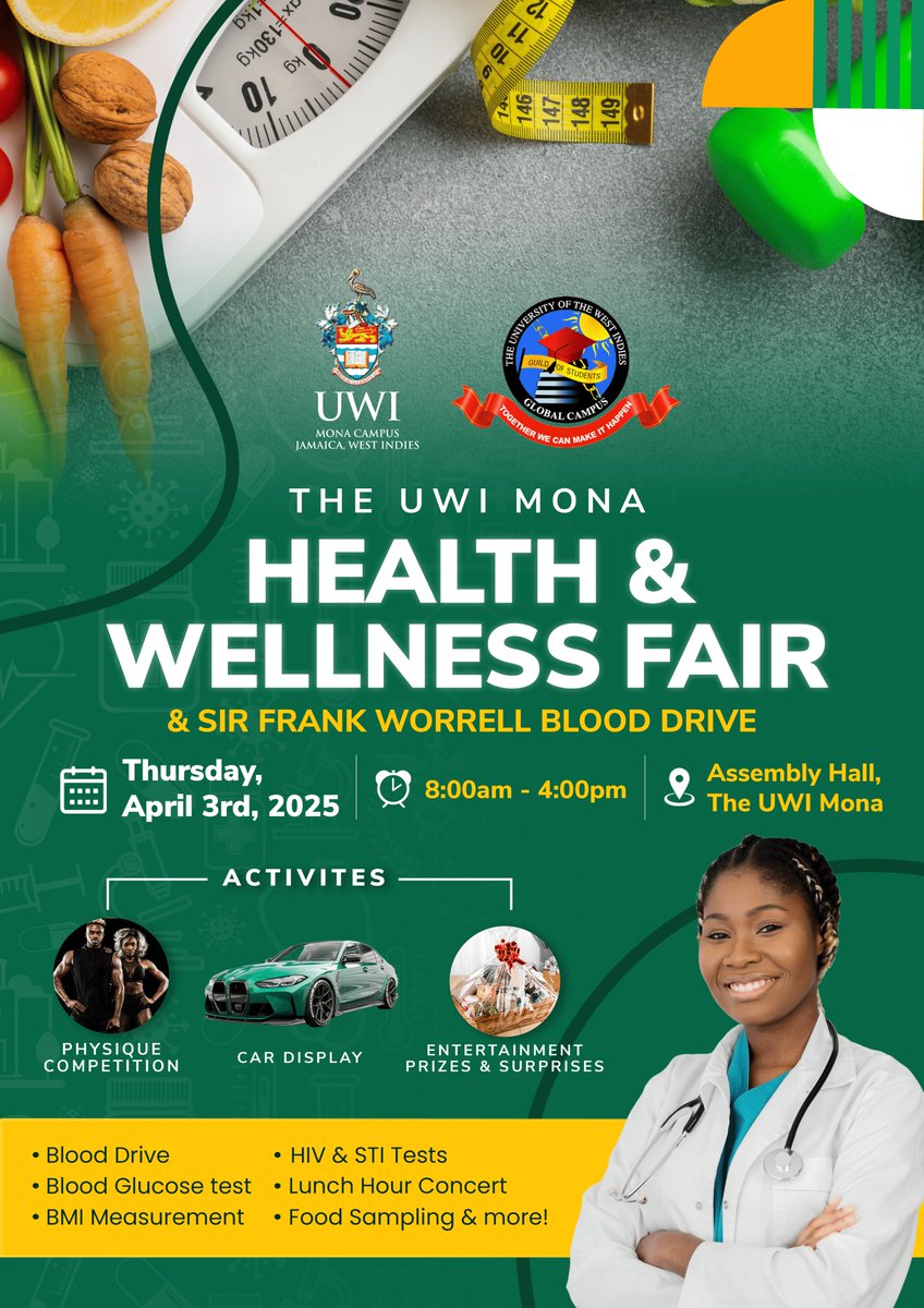 The UWI Mona Campus (@uwimona) on Twitter photo Join Us at The UWI Mona Health & Wellness Fair & Sir Frank Worrell Blood Drive!
📅 Date: Thursday, April 3rd, 2025
🕗 Time: 8:00 AM - 4:00 PM
📍 Location: Assembly Hall, The UWI Mona
Don't miss out on an exciting day filled with:
#UWIMona #HealthAndWellnessFair Join Us at The UWI Mona Health & Wellness Fair & Sir Frank Worrell Blood Drive!
📅 Date: Thursday, April 3rd, 2025
🕗 Time: 8:00 AM - 4:00 PM
📍 Location: Assembly Hall, The UWI Mona
Don't miss out on an exciting day filled with:
#UWIMona #HealthAndWellnessFair