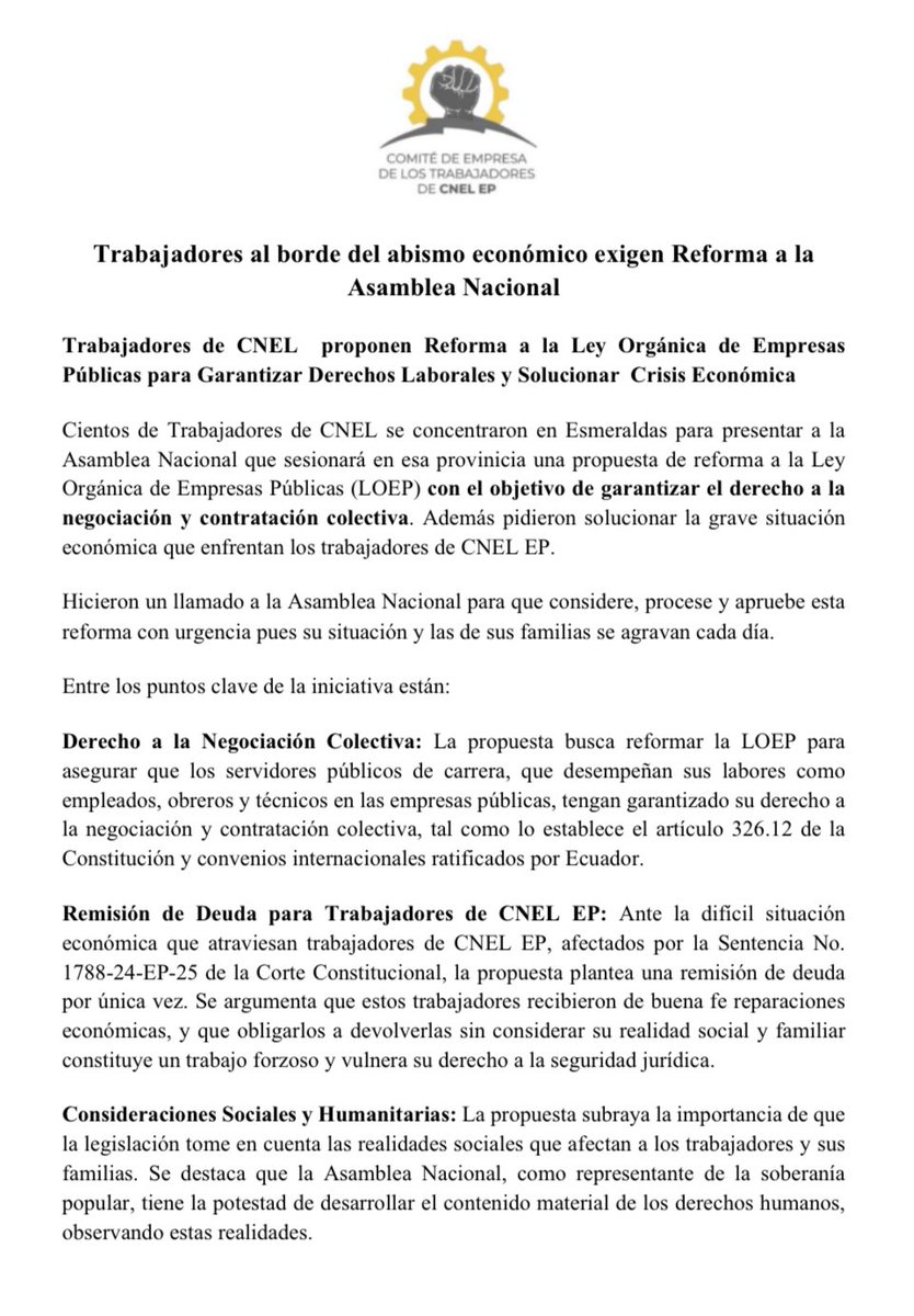 ecuainm_oficial's tweet photo. ‼️#URGENTE
Mientras la Asamblea sesiona en #Esmeraldas, trabajadores de CNEL realizaron un plantón y propusieron al Legislativo un Proyecto de Reforma a la Ley Orgánica de Empresas Públicas para Garantizar Derechos Laborales y Solucionar la Crisis Económica. Esto, tras la sentencia de la Corte Constitucional que les exige devolver USD 70 millones en 36 meses.
