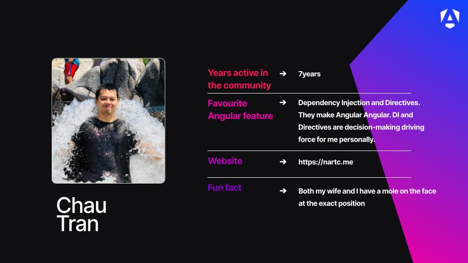 angular's tweet image. Meet @Nartc1410 - Chau is an Angular GDE who's been in the community for 7 years now. You can check out some of his very cool work here: nartc.me
#AngularGDE #GoogleDeveloperExpert