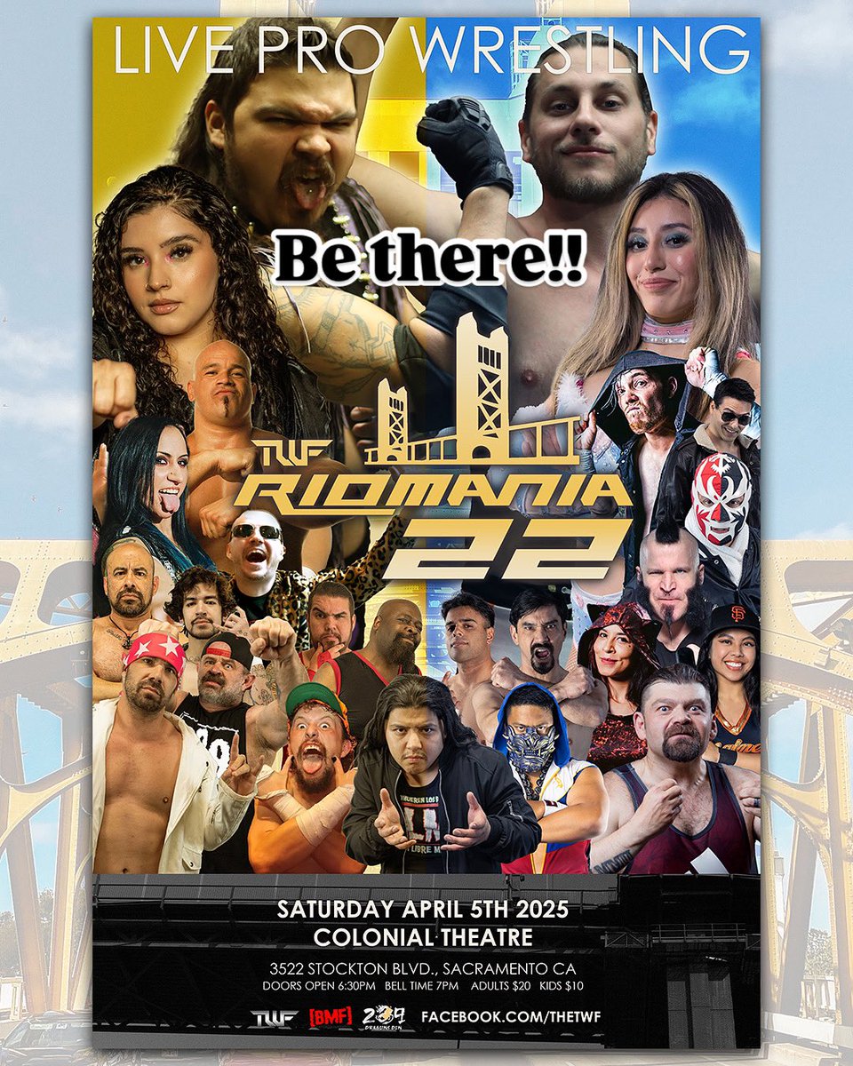 Total Wrestling Federation (@twfwrestling) on Twitter photo RioMania22
SatApr5
ColonialTheatre
3522StocktonBlvd
Sac,CA
7pm
Tix:link/door
eventbrite.com/e/twf-rio-mani…
<a href="/SuperMexCTM/">Shawn Hernandez</a> <a href="/D_Torch/">Daniel Torch</a> <a href="/insidebjjMatt/">BigMF</a> <a href="/snoringelbow/">Vinnie Massaro</a> <a href="/BrittanyWonder/">Brittany Wonder</a> <a href="/Mighty1Mayra/">Mayra</a> <a href="/mikoxalana/">Miko Alana</a> <a href="/CVEvil_138/">Christina Von Eerie</a> <a href="/sheismainey/">J Mainey</a> <a href="/legendbaby81/">david luster</a> <a href="/jiahjewell/">CRAZY CAJUN JIAH JEWELL</a> <a href="/MichaelHayashi/">Michael Hayashi</a> <a href="/TWFChristian/">Christian</a> RioMania22
SatApr5
ColonialTheatre
3522StocktonBlvd
Sac,CA
7pm
Tix:link/door
eventbrite.com/e/twf-rio-mani…
<a href="/SuperMexCTM/">Shawn Hernandez</a> <a href="/D_Torch/">Daniel Torch</a> <a href="/insidebjjMatt/">BigMF</a> <a href="/snoringelbow/">Vinnie Massaro</a> <a href="/BrittanyWonder/">Brittany Wonder</a> <a href="/Mighty1Mayra/">Mayra</a> <a href="/mikoxalana/">Miko Alana</a> <a href="/CVEvil_138/">Christina Von Eerie</a> <a href="/sheismainey/">J Mainey</a> <a href="/legendbaby81/">david luster</a> <a href="/jiahjewell/">CRAZY CAJUN JIAH JEWELL</a> <a href="/MichaelHayashi/">Michael Hayashi</a> <a href="/TWFChristian/">Christian</a>