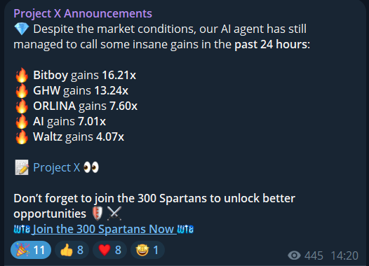 Despite the market conditions, our AI agent has still managed to call some insane gains in the past 24 hours: 

🔥 Bitboy gains 16.21x  
🔥 GHW gains 13.24x 
🔥 ORLINA gains 7.60x  
🔥 AI gains 7.01x   
🔥 Waltz gains 4.07x

t.me/+2SoLRuXZDLo1M…
