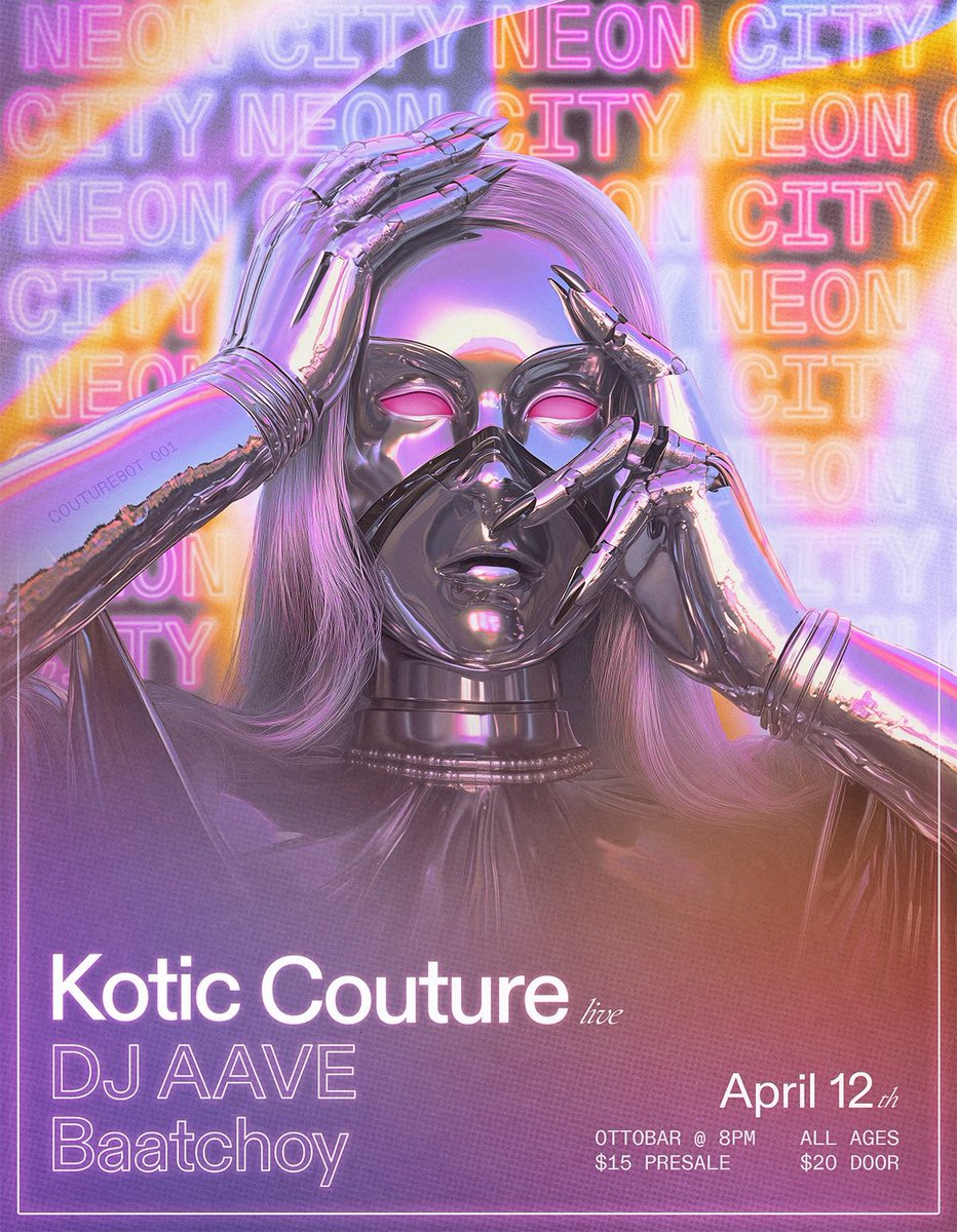 KoticCouture's tweet photo. My last solo headlining show for the foreseeable future is happening April 12, the day before my birthday, 10 years since I’ve moved to Baltimore city at @ottobuddy 

Featuring @djaave &amp; @baat_choy! 💜 https://t.co/MYlA9lfbxh