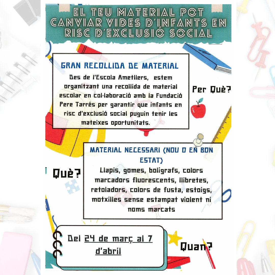 BibCalGallifa's tweet image. La Biblioteca Cal Gallifa és punt de recollida de la Gran recollida de material escolar.

🎒 Col·laborem amb l'Escola Ametllers i  @fundperetarres per garantir que tots els infants tinguin les mateixes oportunitats.

📅 Porta el teu material fins al 7 d’abril. 
Gràcies!🙌