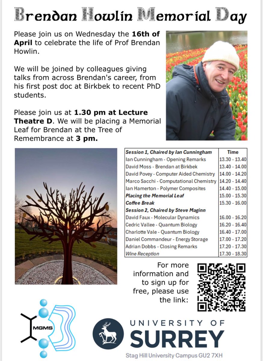 Surrey School of Chemistry & Chemical Engineering (@sccesurrey) on Twitter photo Please join us for a half day symposium to remember our dear colleague Prof Brendan Howlin on 16 April 2025 in Lecture Theatre D <a href="/UniOfSurrey/">University of Surrey</a> Please join us for a half day symposium to remember our dear colleague Prof Brendan Howlin on 16 April 2025 in Lecture Theatre D <a href="/UniOfSurrey/">University of Surrey</a>