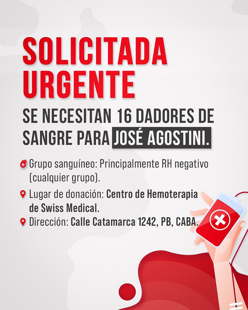 Se necesitan 16 dadores de sangre para José Agostini.

📌 Grupo: Principalmente RH negativo (cualquier grupo).
📌 Dónde: Centro de Hemoterapia Swiss Médicas, Catamarca 1242, PB, CABA.