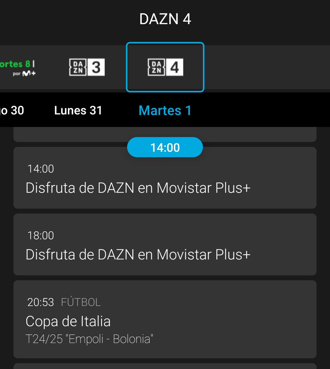 🔥⚽📺🇮🇹👇🏻 Próximas emisiones de la Copa de Italia, por los lineales de Dazn 🇪🇸 ( Dazn1,Dazn2, Dazn3 y Dazn 4, solo disponibles dentro de las plataformas M+ y MAX. Quitando obviamente la propia OTT de Dazn 🇪🇸 y sus acuerdos comerciales con terceros) Semifinales 👇🏻