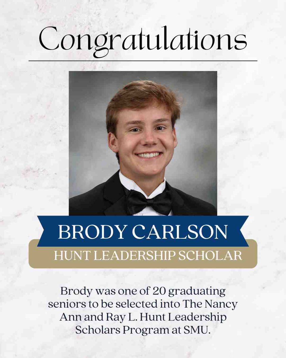 Jesuit Dallas student, Brody Carlson, was one of 20 graduating seniors, nationwide, to be selected into The Nancy Ann and Ray L. Hunt Leadership Scholars Program at Southern Methodist University for the 2025-26 academic year. Read the full press release: jesuitdallas.org/post/~board/pr…