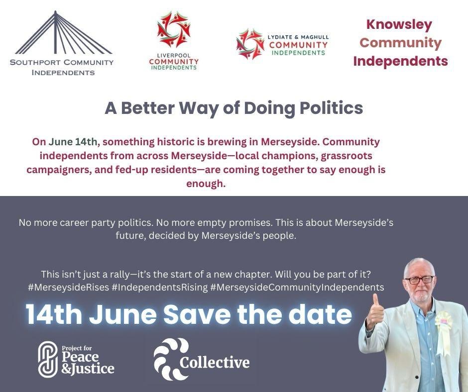 wearecollectiv_'s tweet photo. On June 14th, something historic is brewing in Merseyside. Community independents from across Merseyside –local champions, grassroots campaigners and fed-up residents – are coming together to say enough is enough.

No more career party politics. No more empty promises. This is a better way of doing politics, with @LIndependents @SouthportComInd - supported by Collective and @corbyn_project