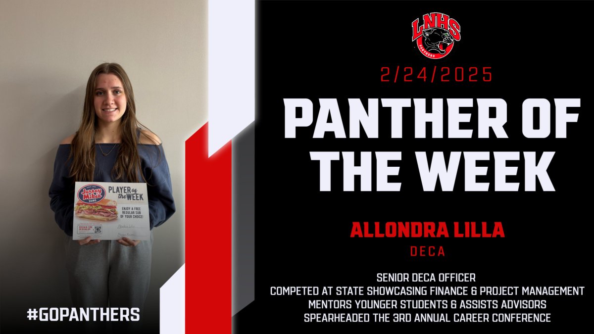 Lakeville North High School (@lnhs_panthers) on Twitter photo Catching up on <a href="/jerseymikes/">Jersey Mike's Subs</a> Panther of the Week! We're celebrating Allondra Lilla! Allondra is a DECA officer who competed at State and works hard to mentor younger students and assist her advisors. She's had success in 2 events & spearheaded the Career Conference! #astudentabove Catching up on <a href="/jerseymikes/">Jersey Mike's Subs</a> Panther of the Week! We're celebrating Allondra Lilla! Allondra is a DECA officer who competed at State and works hard to mentor younger students and assist her advisors. She's had success in 2 events & spearheaded the Career Conference! #astudentabove