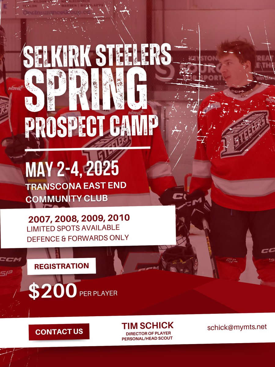 Calling all 2007–2010-born players! The Selkirk Steelers Spring Prospect Camp runs May 2nd, 3rd and 4th at Transcona East End Community Club in Winnipeg. Spots are limited - forwards and defense only. Contact Tim Schick at schick@mymts.net for more information. 

#MJHLSteelers